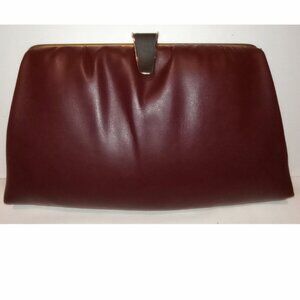 Vintage 1960's Ande Burgundy Leather Clutch Handbag Hinged Clasp w/ Chain Strap